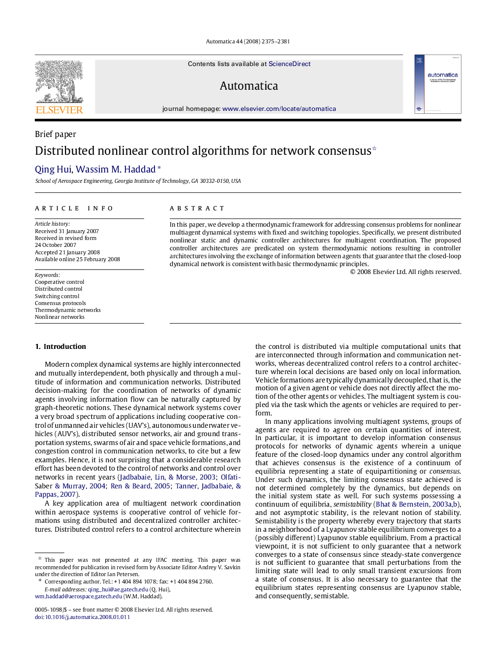 Distributed nonlinear control algorithms for network consensus 