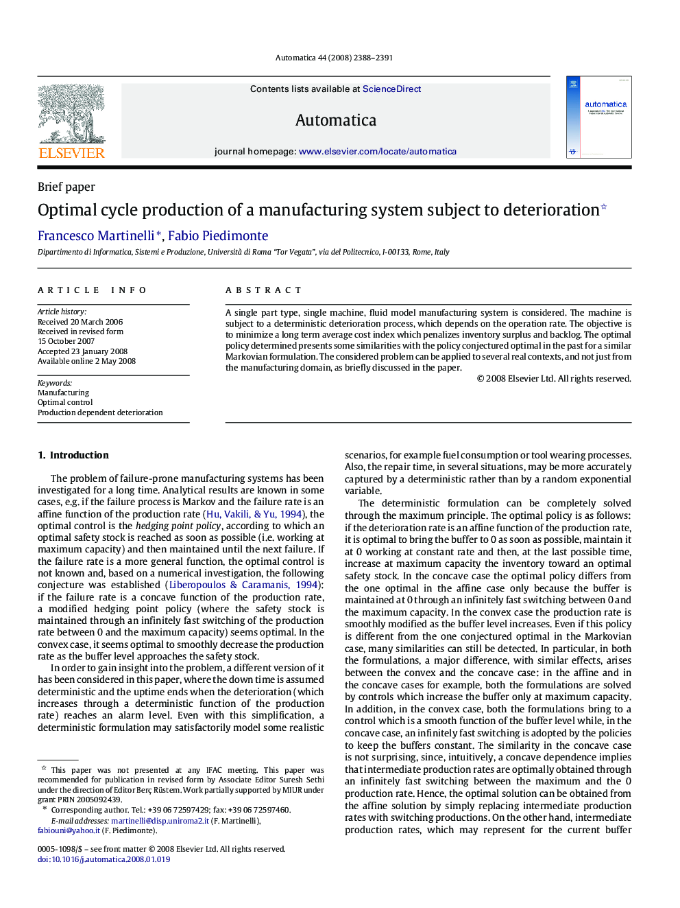 Optimal cycle production of a manufacturing system subject to deterioration