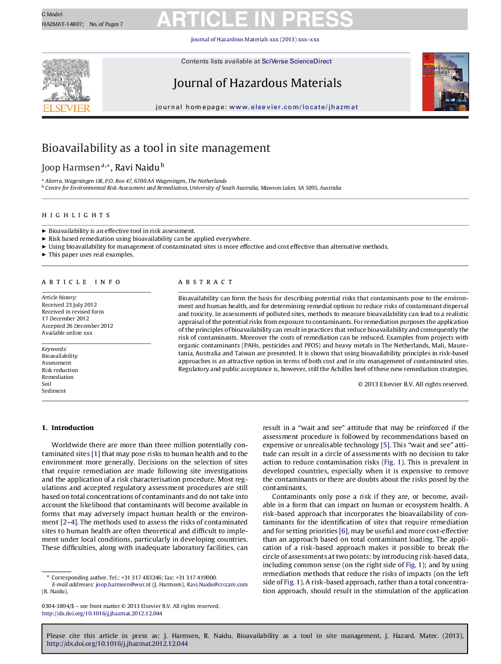 Bioavailability as a tool in site management