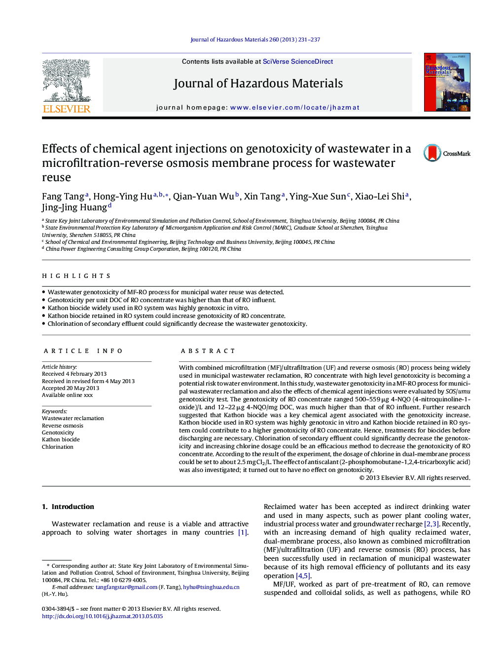 Effects of chemical agent injections on genotoxicity of wastewater in a microfiltration-reverse osmosis membrane process for wastewater reuse