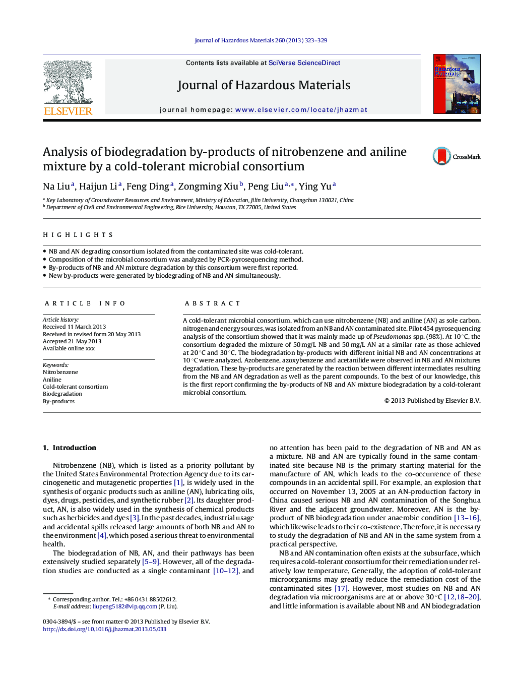 Analysis of biodegradation by-products of nitrobenzene and aniline mixture by a cold-tolerant microbial consortium