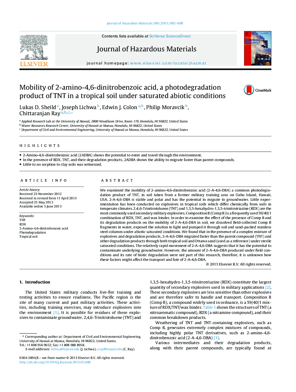 عکس صفحه اول مقاله: Mobility of 2-amino-4,6-dinitrobenzoic acid, a photodegradation product of TNT in a tropical soil under saturated abiotic conditions Mobility of 2-amino-4,6-dinitrobenzoic acid, a photodegradation product of TNT in a tropical soil under saturated abiotic conditions