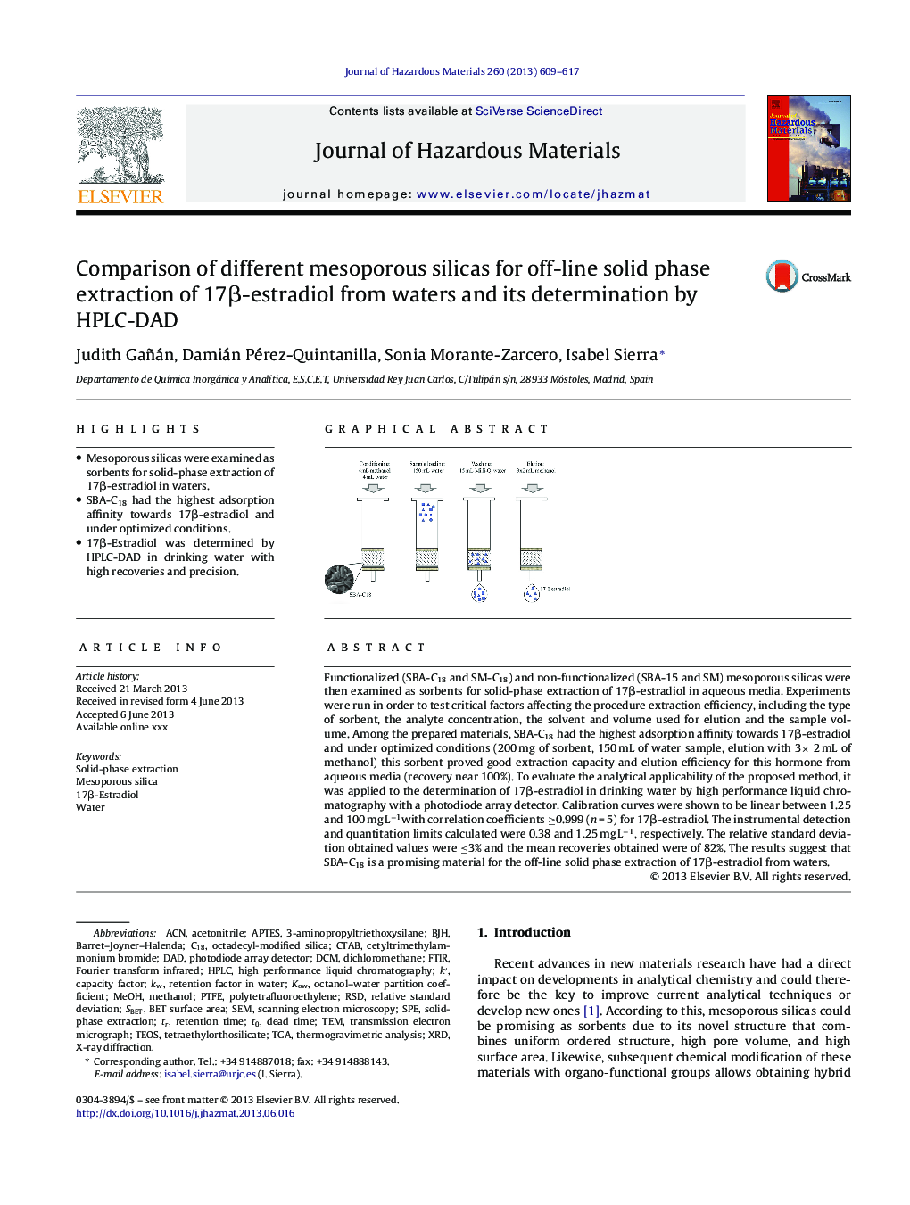 Comparison of different mesoporous silicas for off-line solid phase extraction of 17Î²-estradiol from waters and its determination by HPLC-DAD