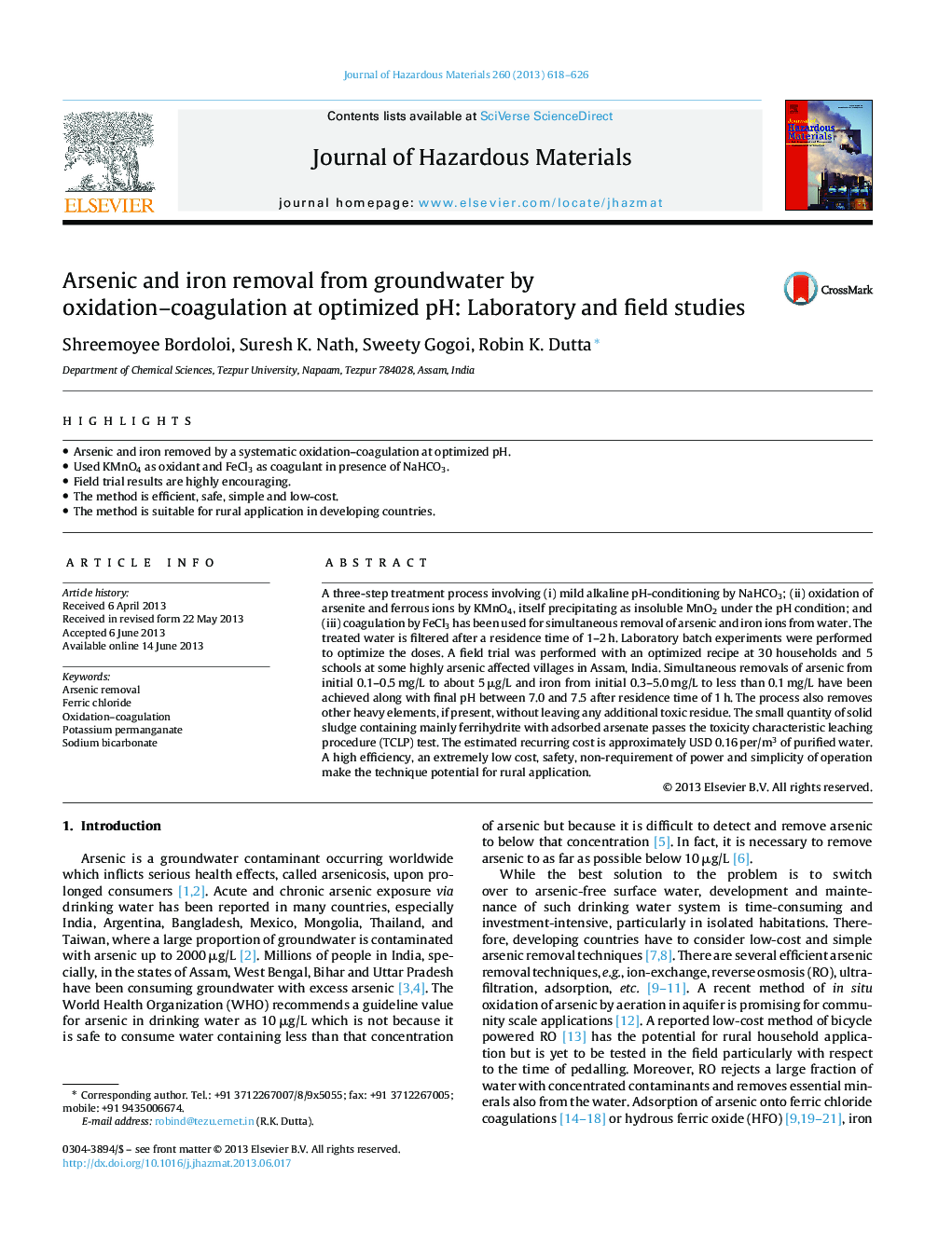 Arsenic and iron removal from groundwater by oxidation-coagulation at optimized pH: Laboratory and field studies