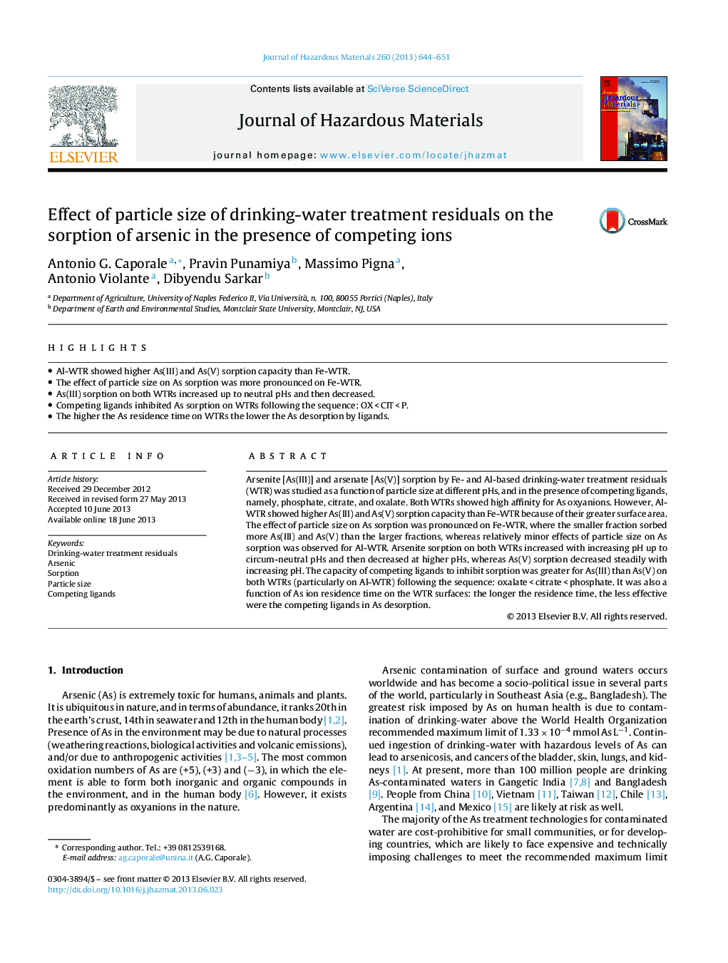 Effect of particle size of drinking-water treatment residuals on the sorption of arsenic in the presence of competing ions