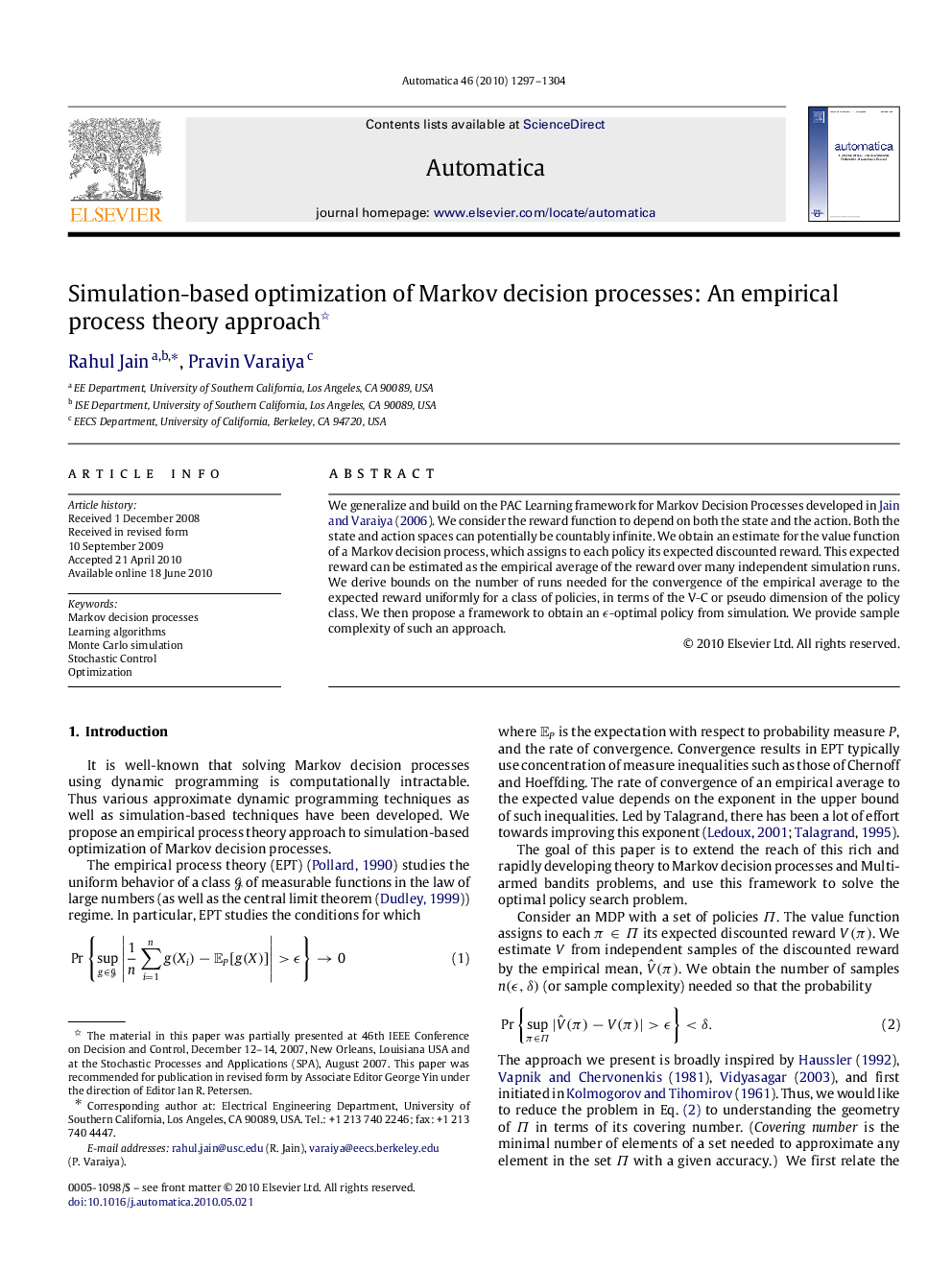 Simulation-based optimization of Markov decision processes: An empirical process theory approach 