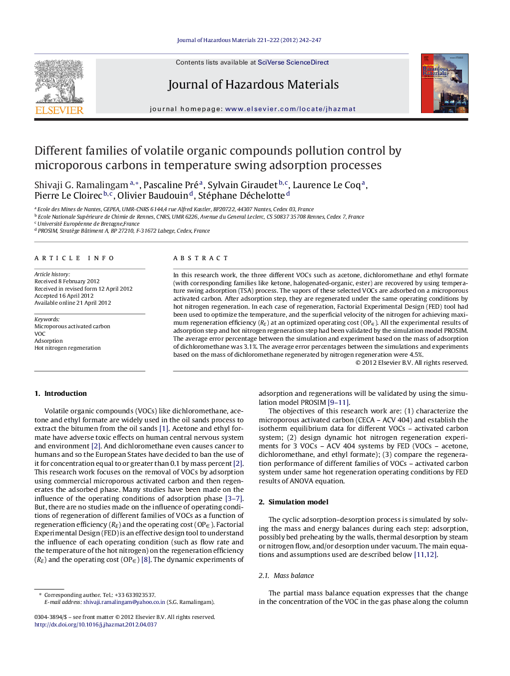 عکس صفحه اول مقاله: Different families of volatile organic compounds pollution control by microporous carbons in temperature swing adsorption processes Different families of volatile organic compounds pollution control by microporous carbons in temperature swing adsorption processes