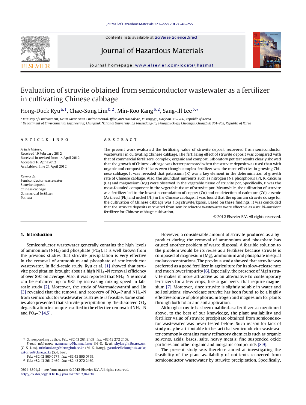 Evaluation of struvite obtained from semiconductor wastewater as a fertilizer in cultivating Chinese cabbage