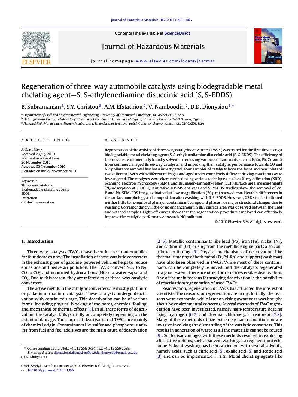 Regeneration of three-way automobile catalysts using biodegradable metal chelating agent-S, S-ethylenediamine disuccinic acid (S, S-EDDS)