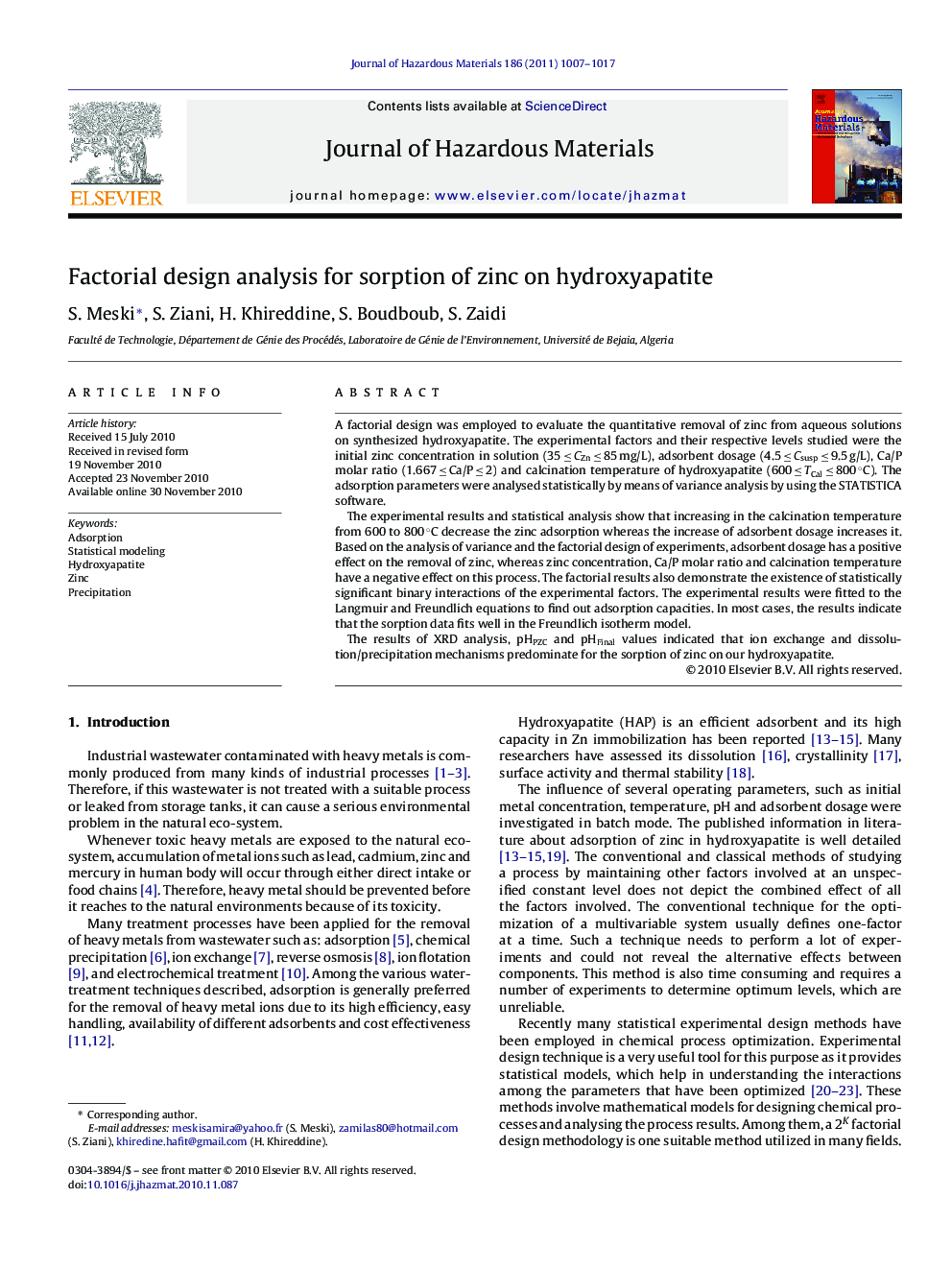 Factorial design analysis for sorption of zinc on hydroxyapatite