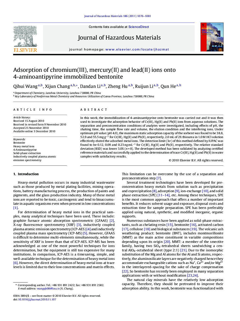 Adsorption of chromium(III), mercury(II) and lead(II) ions onto 4-aminoantipyrine immobilized bentonite