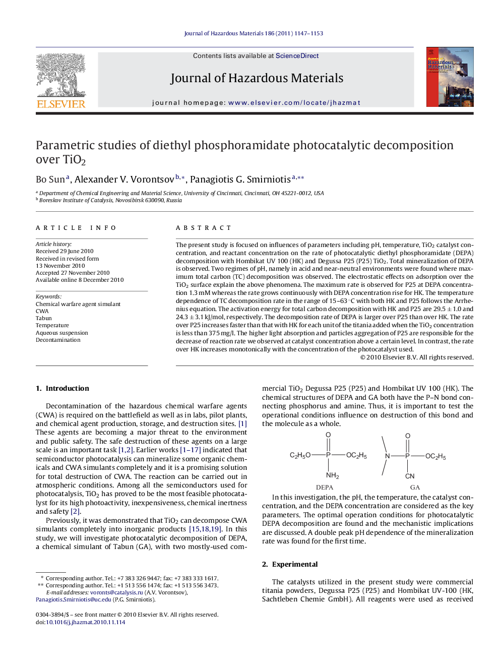 Parametric studies of diethyl phosphoramidate photocatalytic decomposition over TiO2