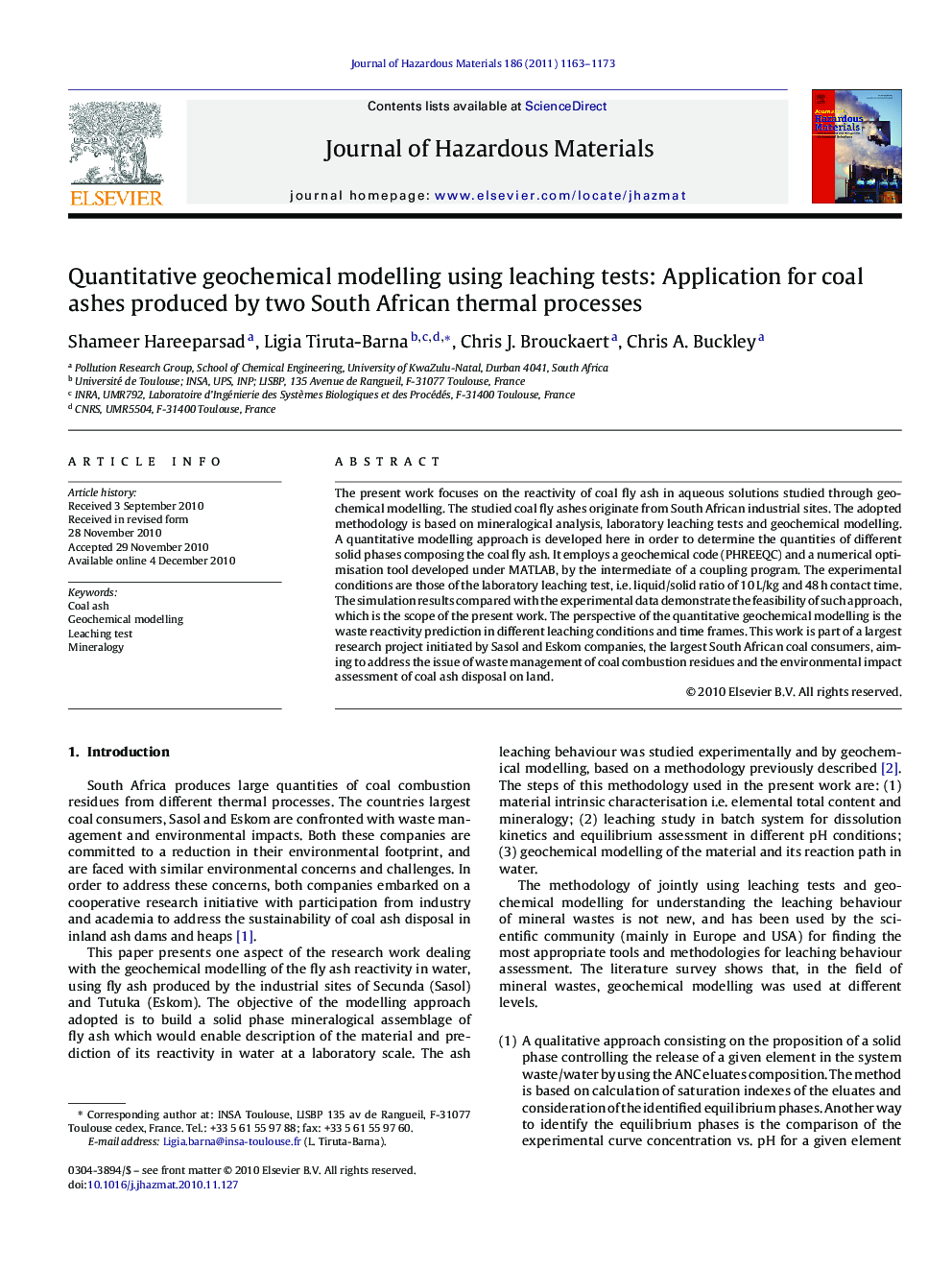 Quantitative geochemical modelling using leaching tests: Application for coal ashes produced by two South African thermal processes