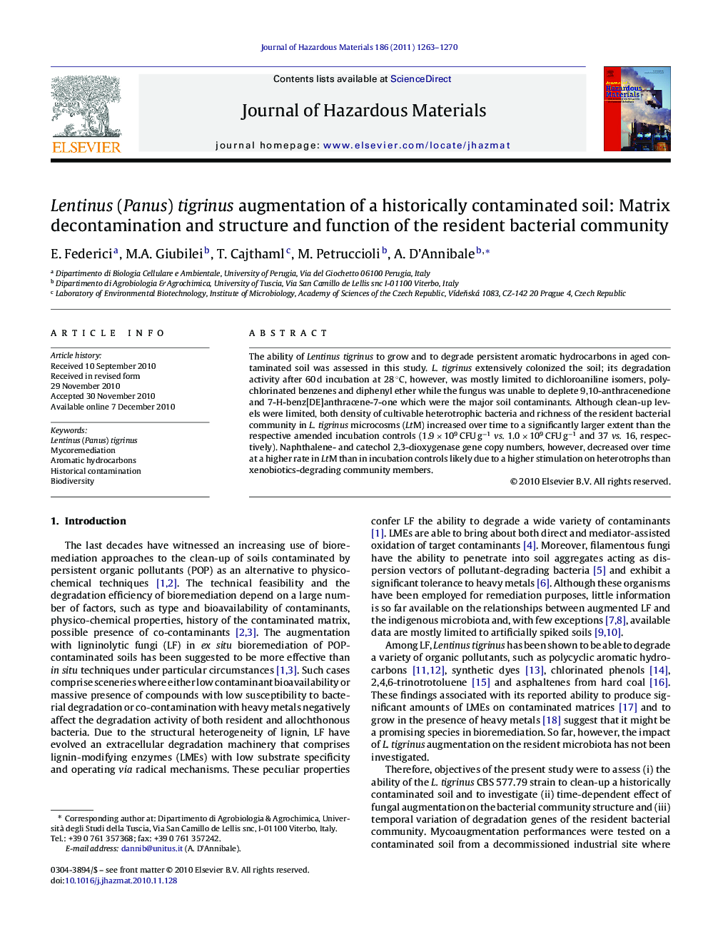 Lentinus (Panus) tigrinus augmentation of a historically contaminated soil: Matrix decontamination and structure and function of the resident bacterial community