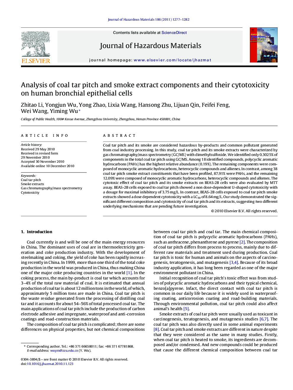 Analysis of coal tar pitch and smoke extract components and their cytotoxicity on human bronchial epithelial cells