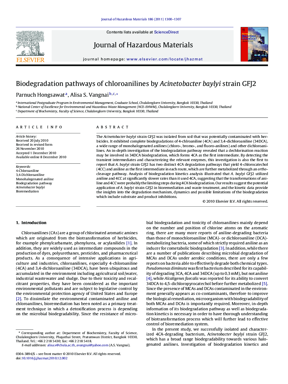 Biodegradation pathways of chloroanilines by Acinetobacter baylyi strain GFJ2