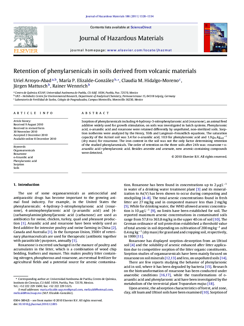 Retention of phenylarsenicals in soils derived from volcanic materials