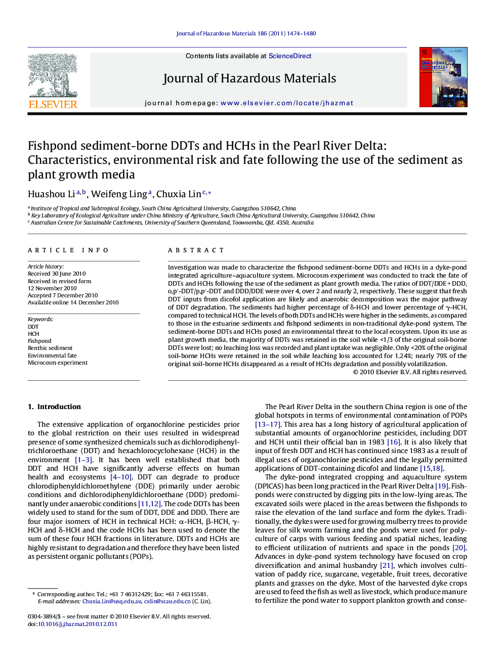 Fishpond sediment-borne DDTs and HCHs in the Pearl River Delta: Characteristics, environmental risk and fate following the use of the sediment as plant growth media