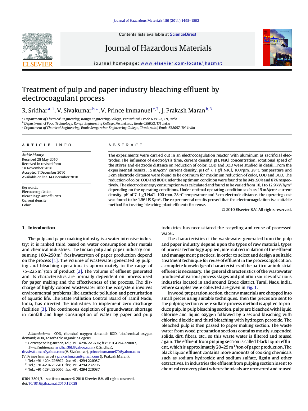 عکس صفحه اول مقاله: Treatment of pulp and paper industry bleaching effluent by electrocoagulant process Treatment of pulp and paper industry bleaching effluent by electrocoagulant process