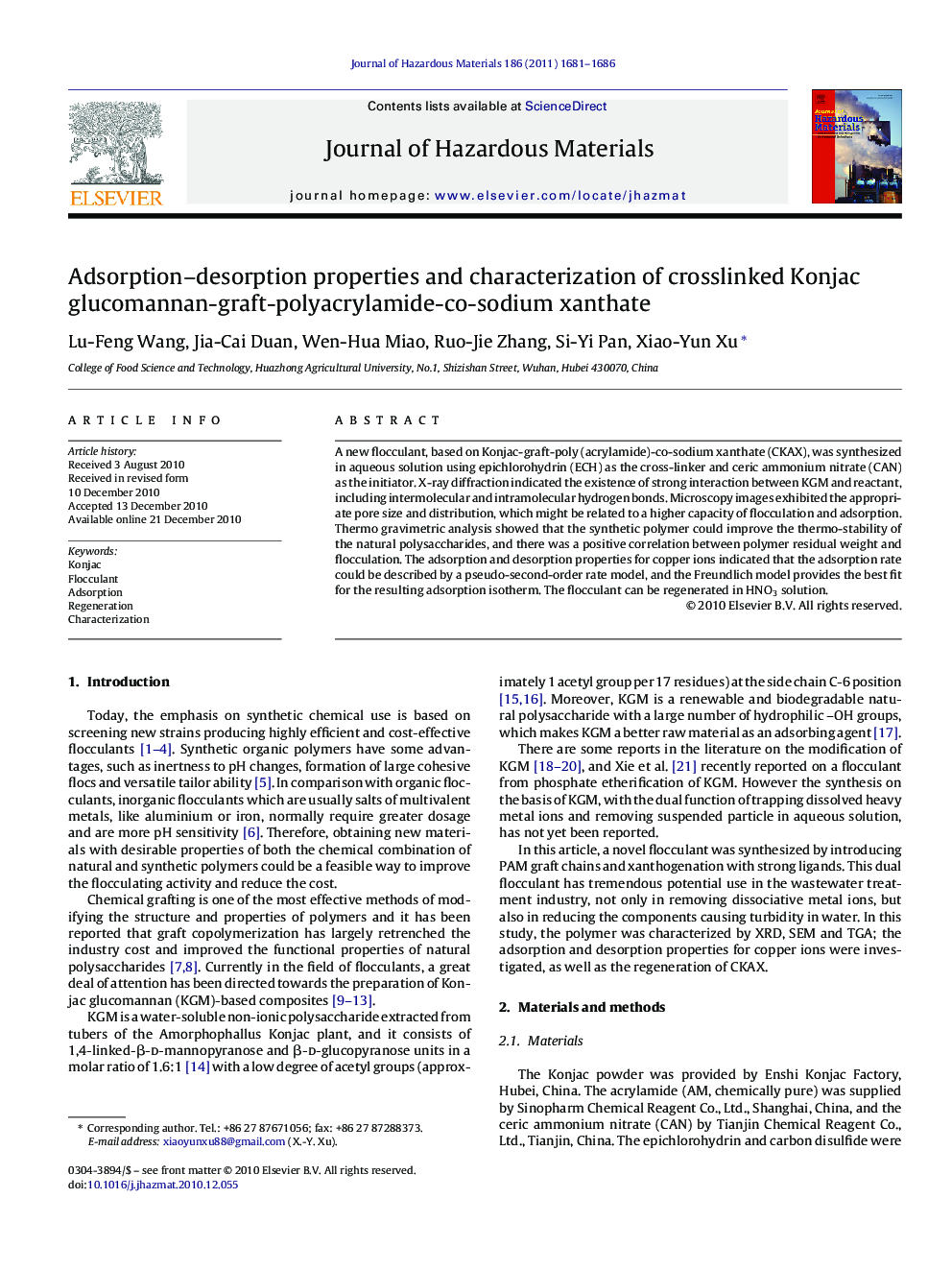 Adsorption-desorption properties and characterization of crosslinked Konjac glucomannan-graft-polyacrylamide-co-sodium xanthate