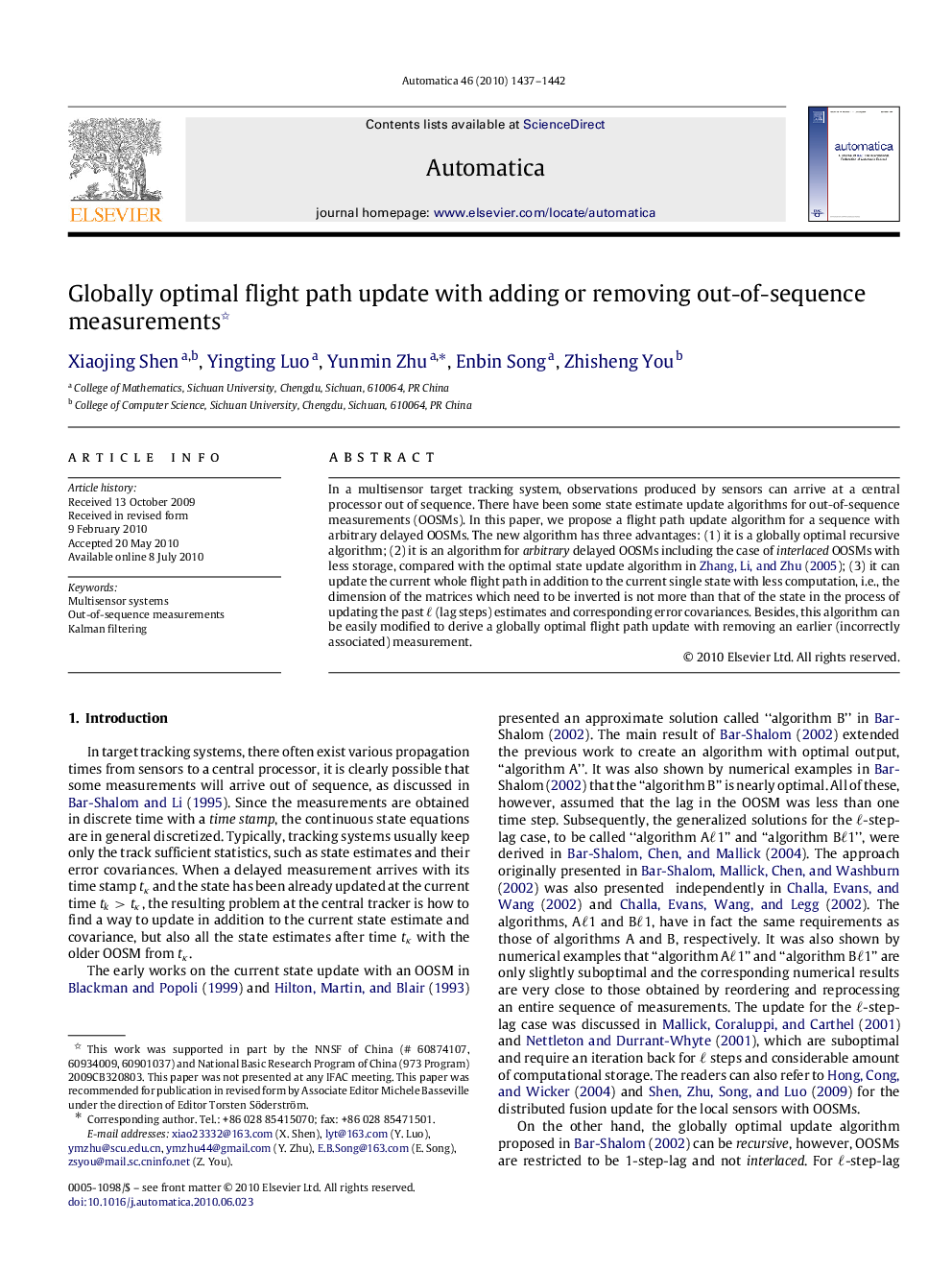 Globally optimal flight path update with adding or removing out-of-sequence measurements 