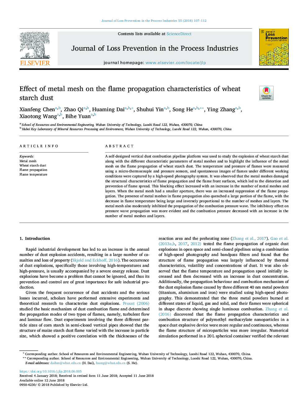 Effect of metal mesh on the flame propagation characteristics of wheat starch dust