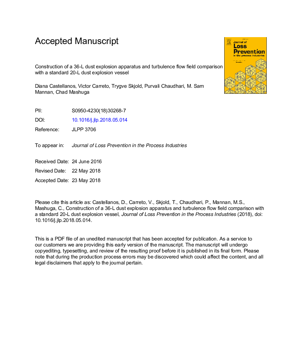 Construction of a 36â¯L dust explosion apparatus and turbulence flow field comparison with a standard 20â¯L dust explosion vessel