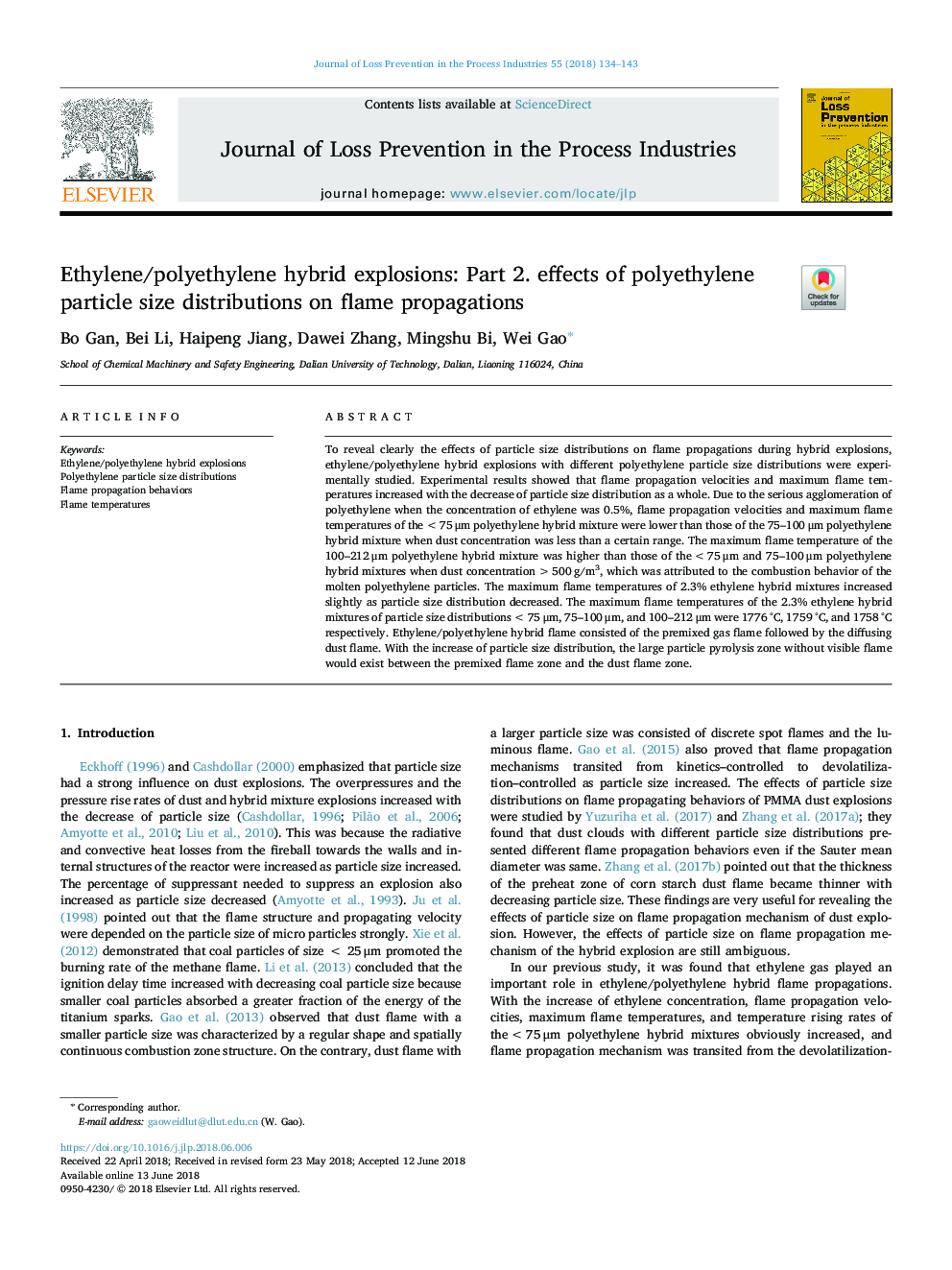 Ethylene/polyethylene hybrid explosions: Part 2. effects of polyethylene particle size distributions on flame propagations