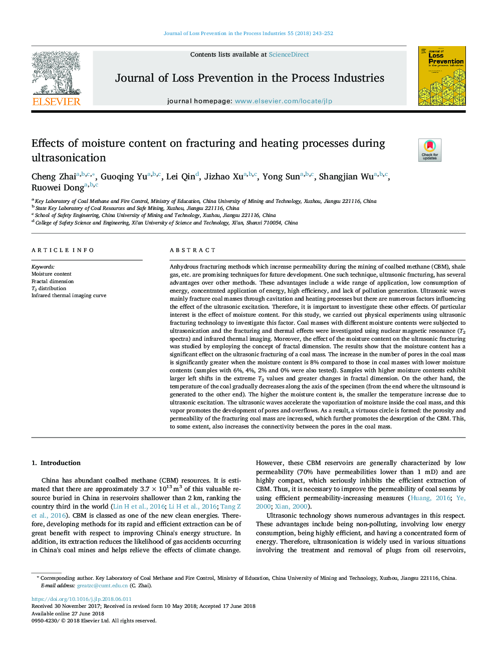 Effects of moisture content on fracturing and heating processes during ultrasonication