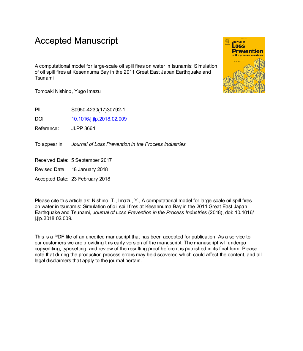 A computational model for large-scale oil spill fires on water in tsunamis: Simulation of oil spill fires at Kesennuma Bay in the 2011 Great East Japan Earthquake and Tsunami