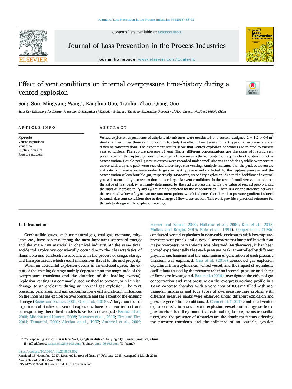 Effect of vent conditions on internal overpressure time-history during a vented explosion