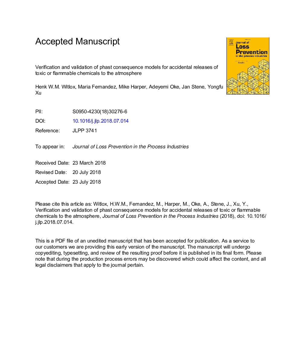 Verification and validation of Phast consequence models for accidental releases of toxic or flammable chemicals to the atmosphere