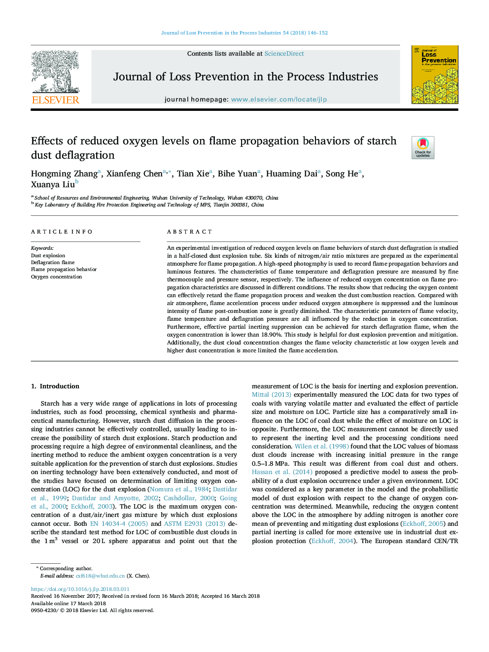 Effects of reduced oxygen levels on flame propagation behaviors of starch dust deflagration