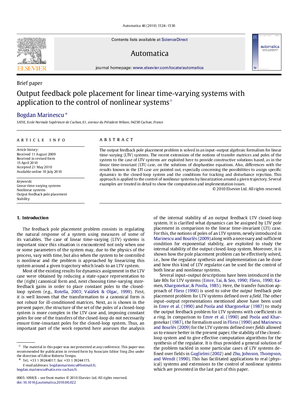 Output feedback pole placement for linear time-varying systems with application to the control of nonlinear systems 