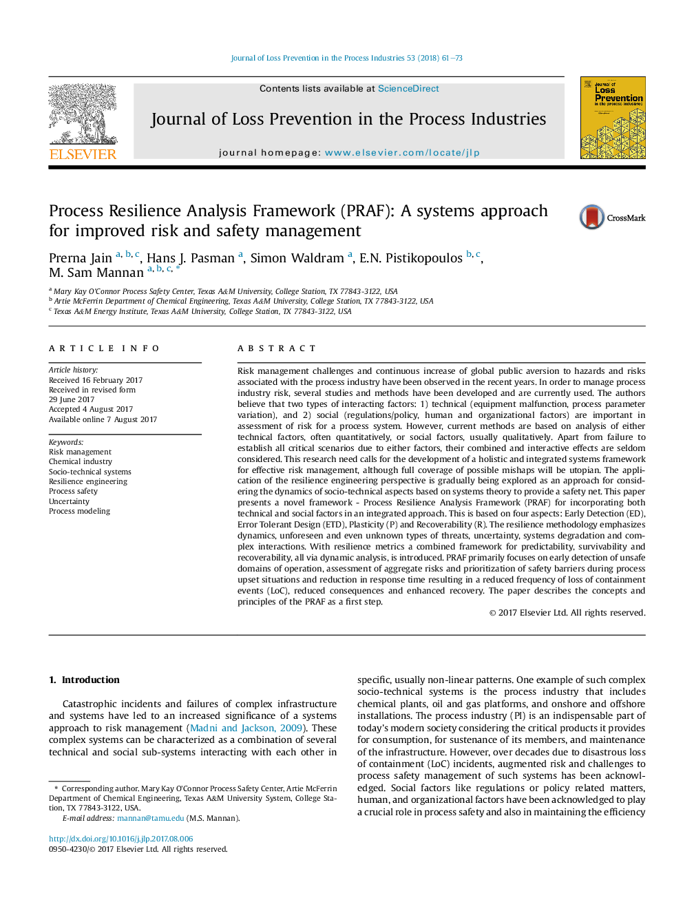 Process Resilience Analysis Framework (PRAF): A systems approach for improved risk and safety management