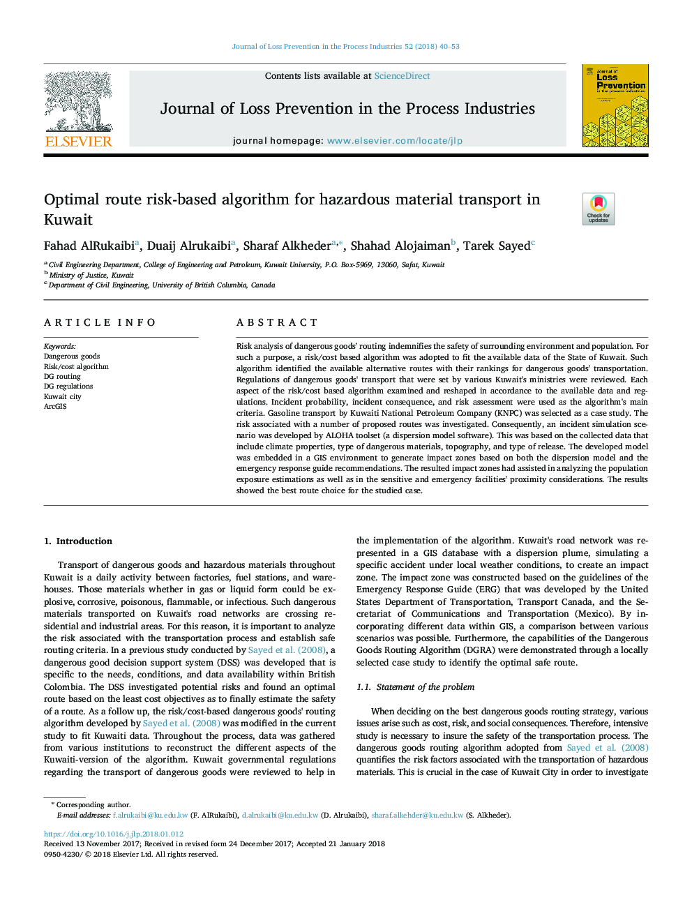 Optimal route risk-based algorithm for hazardous material transport in Kuwait