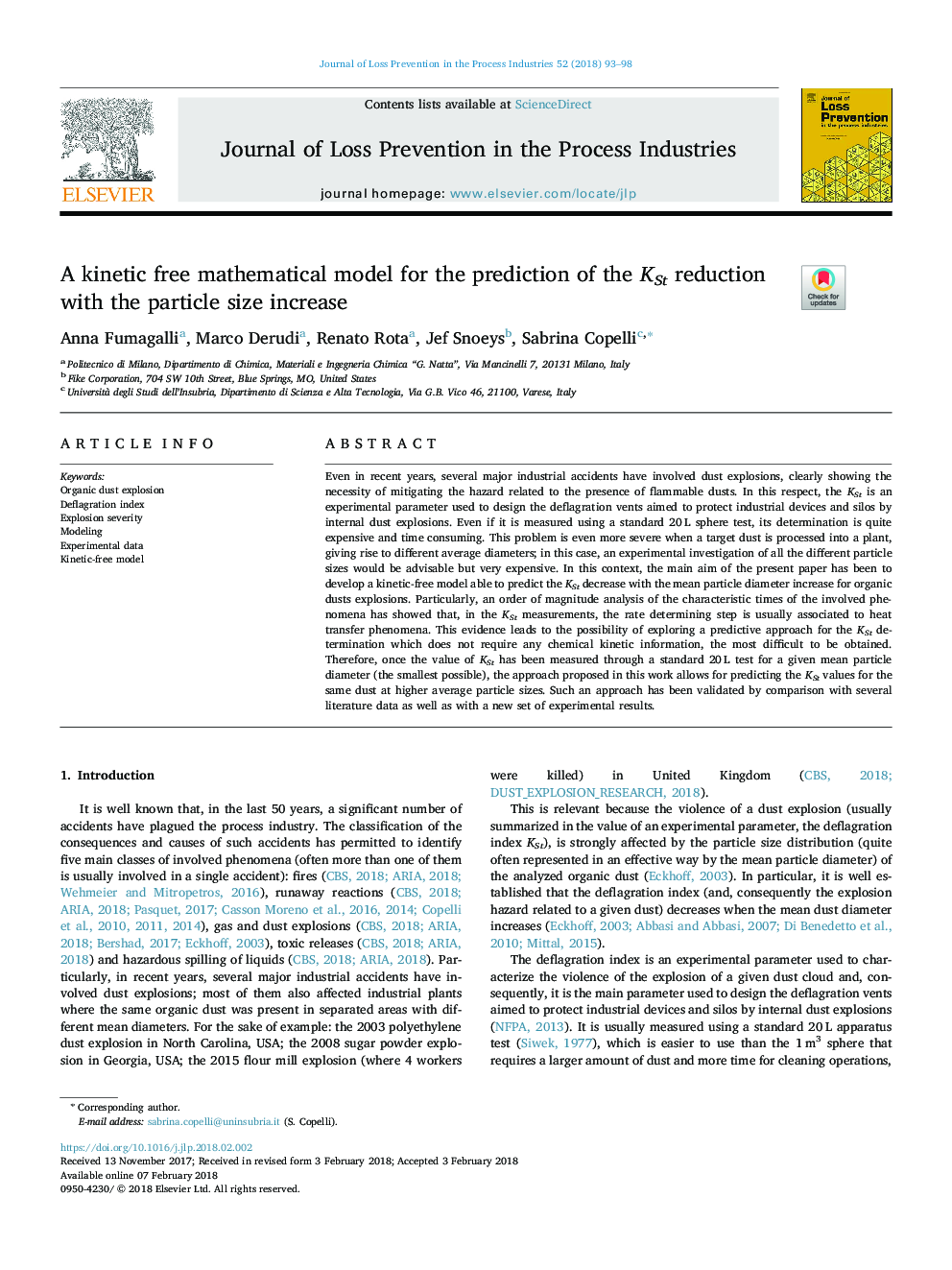 A kinetic free mathematical model for the prediction of the KSt reduction with the particle size increase