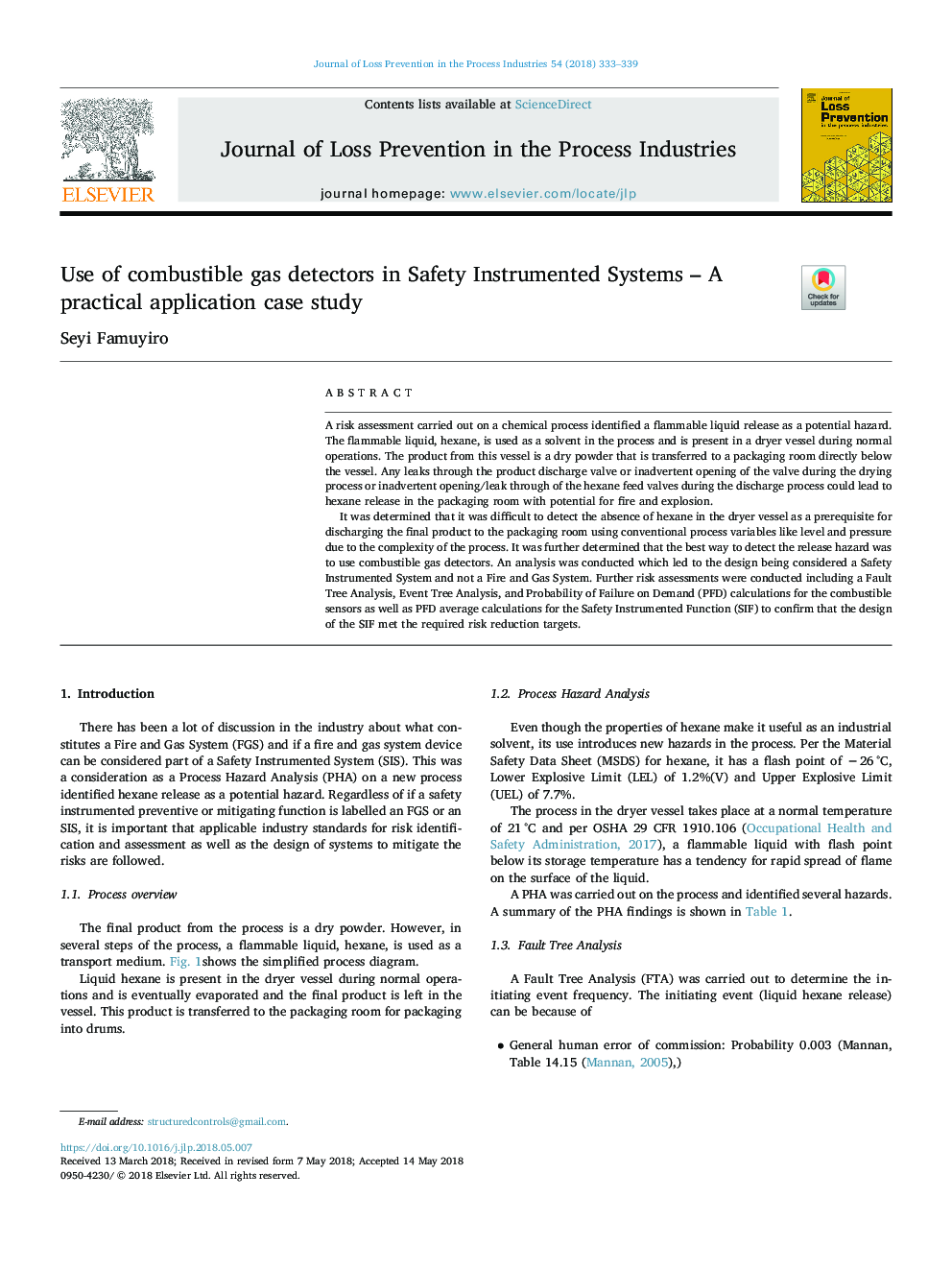 Use of combustible gas detectors in Safety Instrumented Systems - A practical application case study