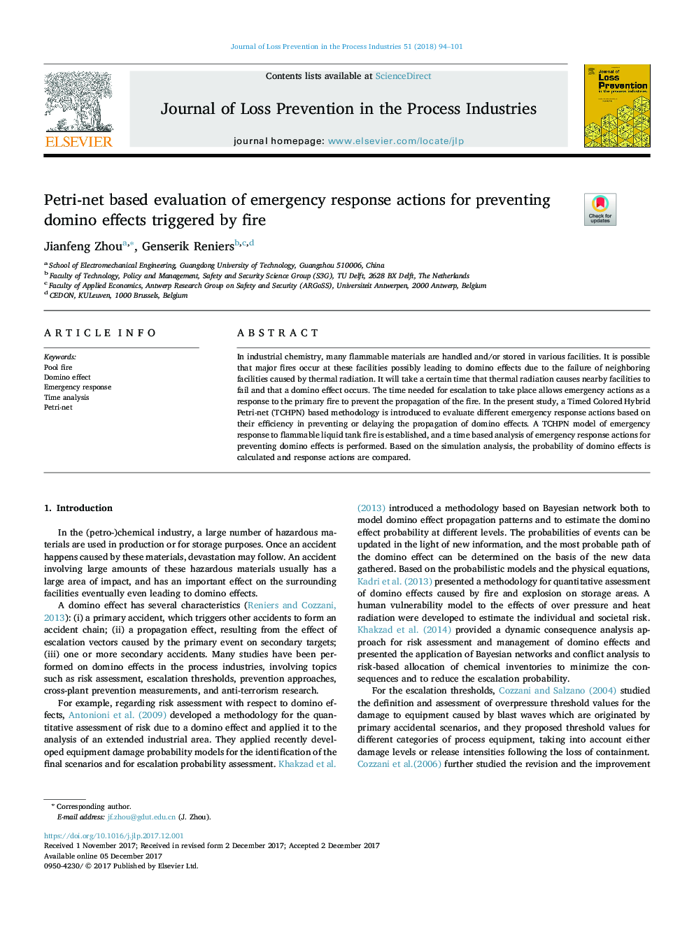 Petri-net based evaluation of emergency response actions for preventing domino effects triggered by fire