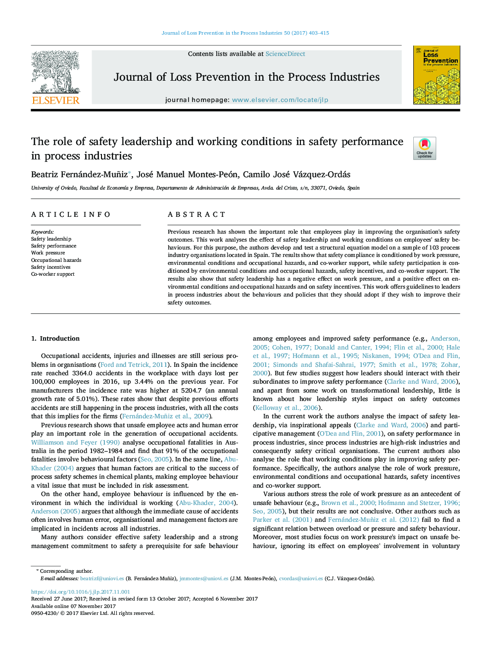 The role of safety leadership and working conditions in safety performance in process industries