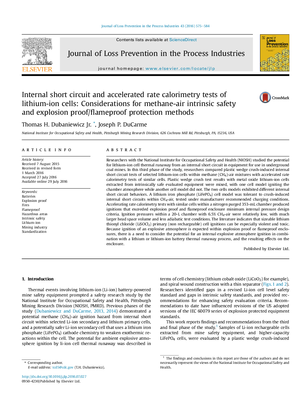 Internal short circuit and accelerated rate calorimetry tests of lithium-ion cells: Considerations for methane-air intrinsic safety andÂ explosion proof/flameproof protection methods