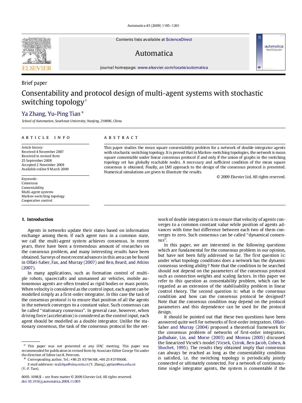 Consentability and protocol design of multi-agent systems with stochastic switching topology 