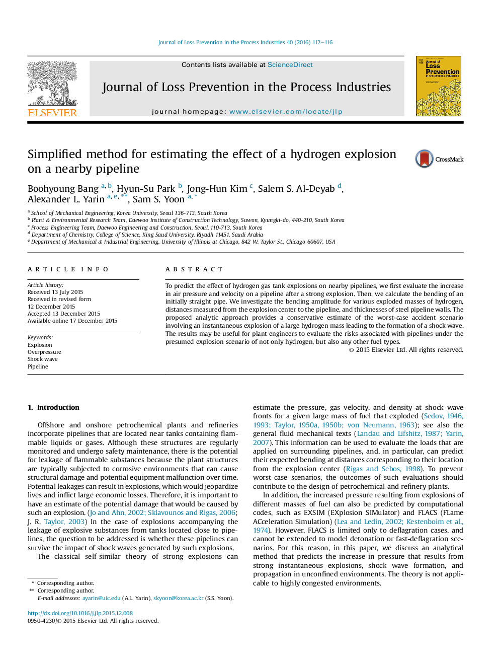 Simplified method for estimating the effect of a hydrogen explosion on a nearby pipeline