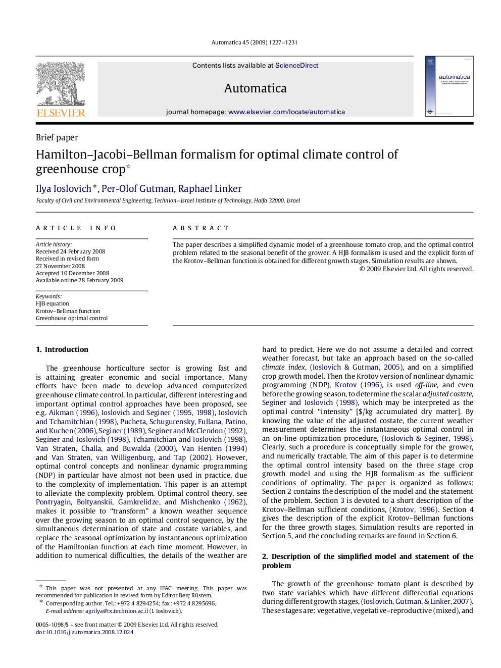 Hamilton–Jacobi–Bellman formalism for optimal climate control of greenhouse crop 