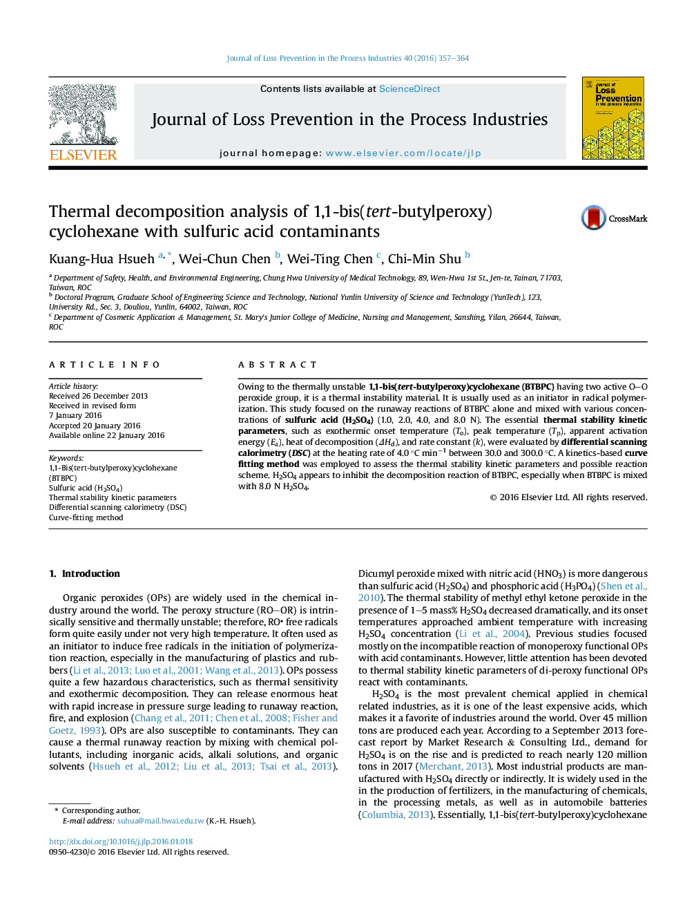 Thermal decomposition analysis of 1,1-bis(tert-butylperoxy)cyclohexane with sulfuric acid contaminants