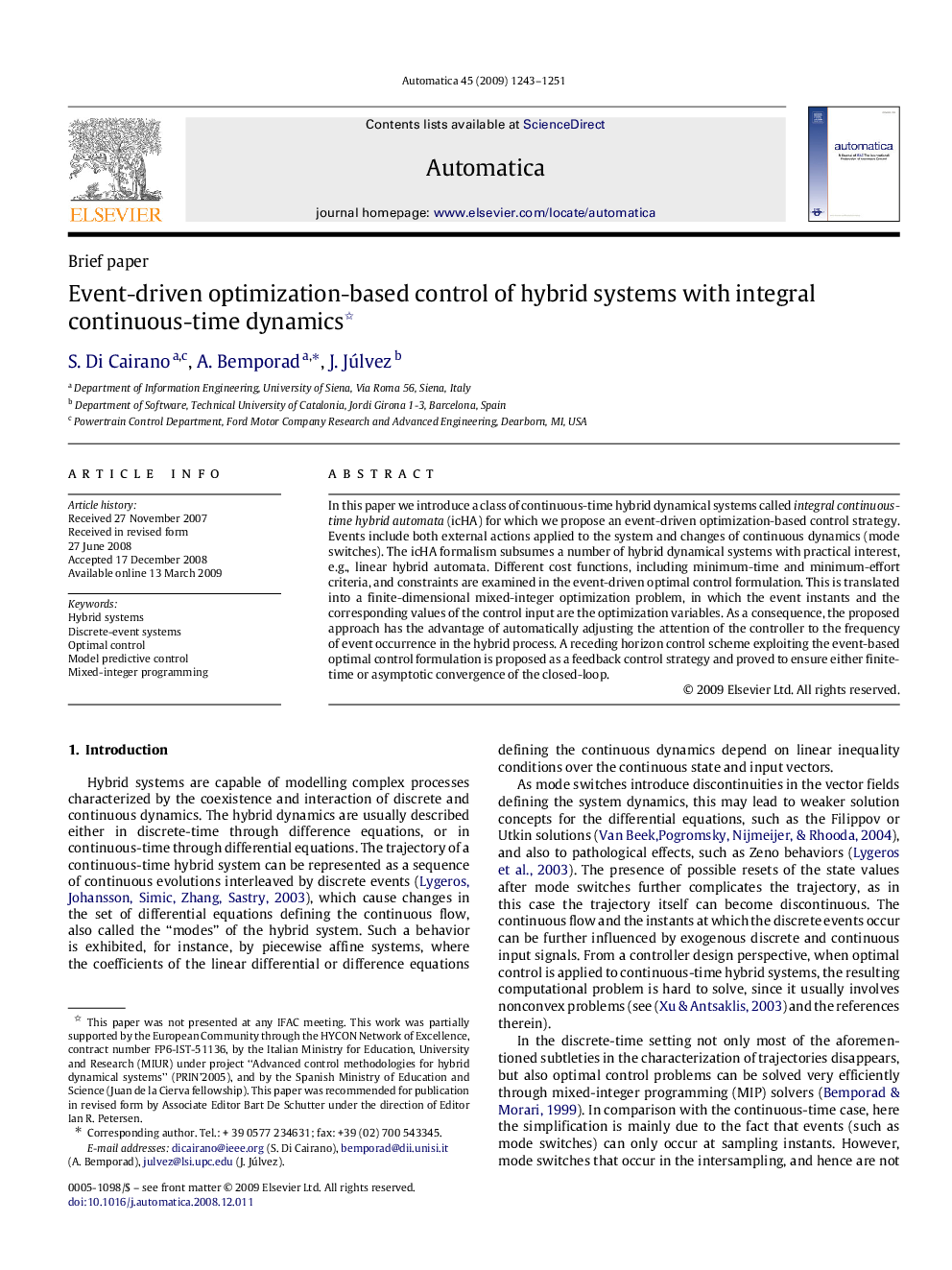 Event-driven optimization-based control of hybrid systems with integral continuous-time dynamics 