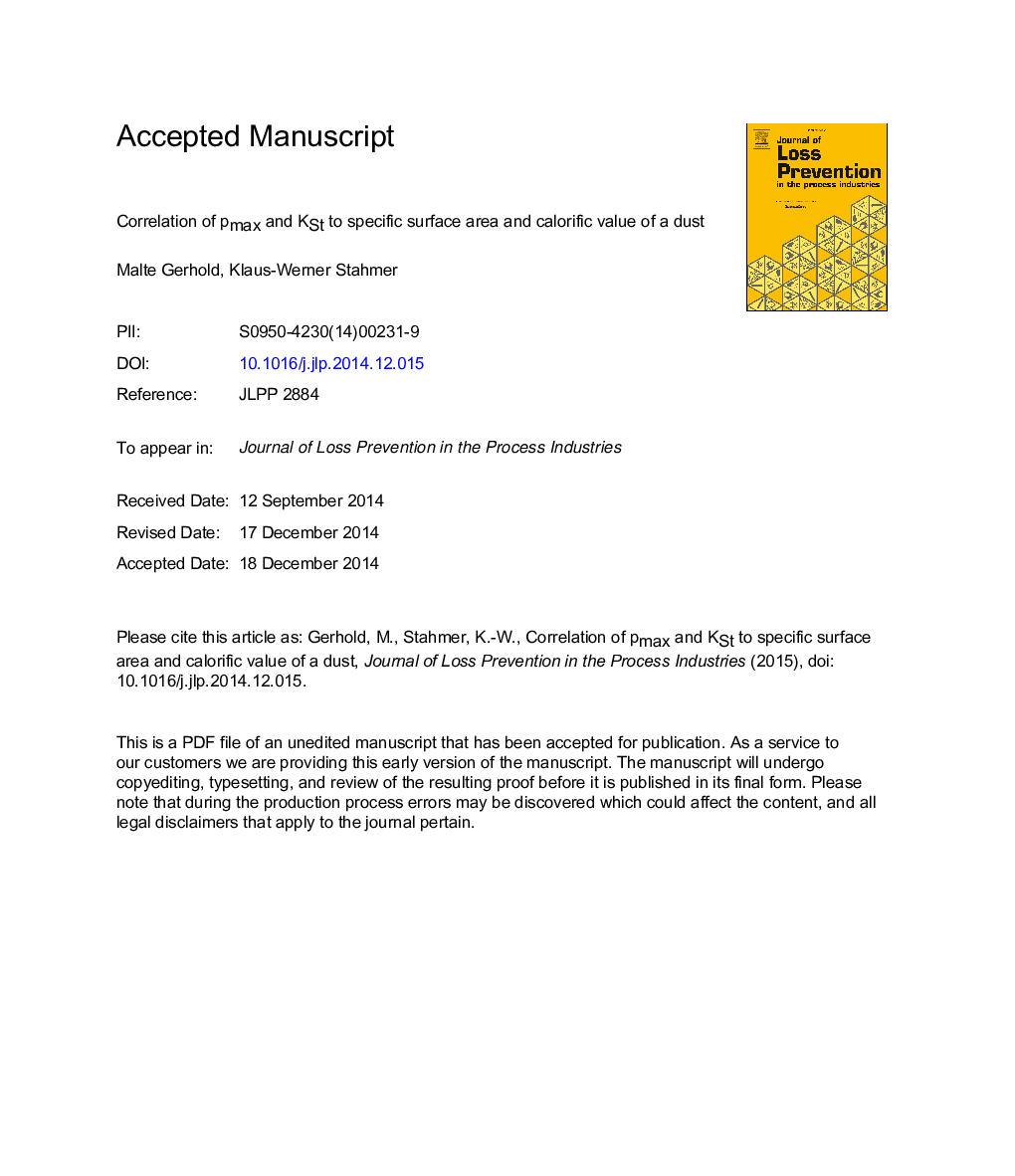 Correlation of pmax and KSt to specific surface area and calorific value of a dust