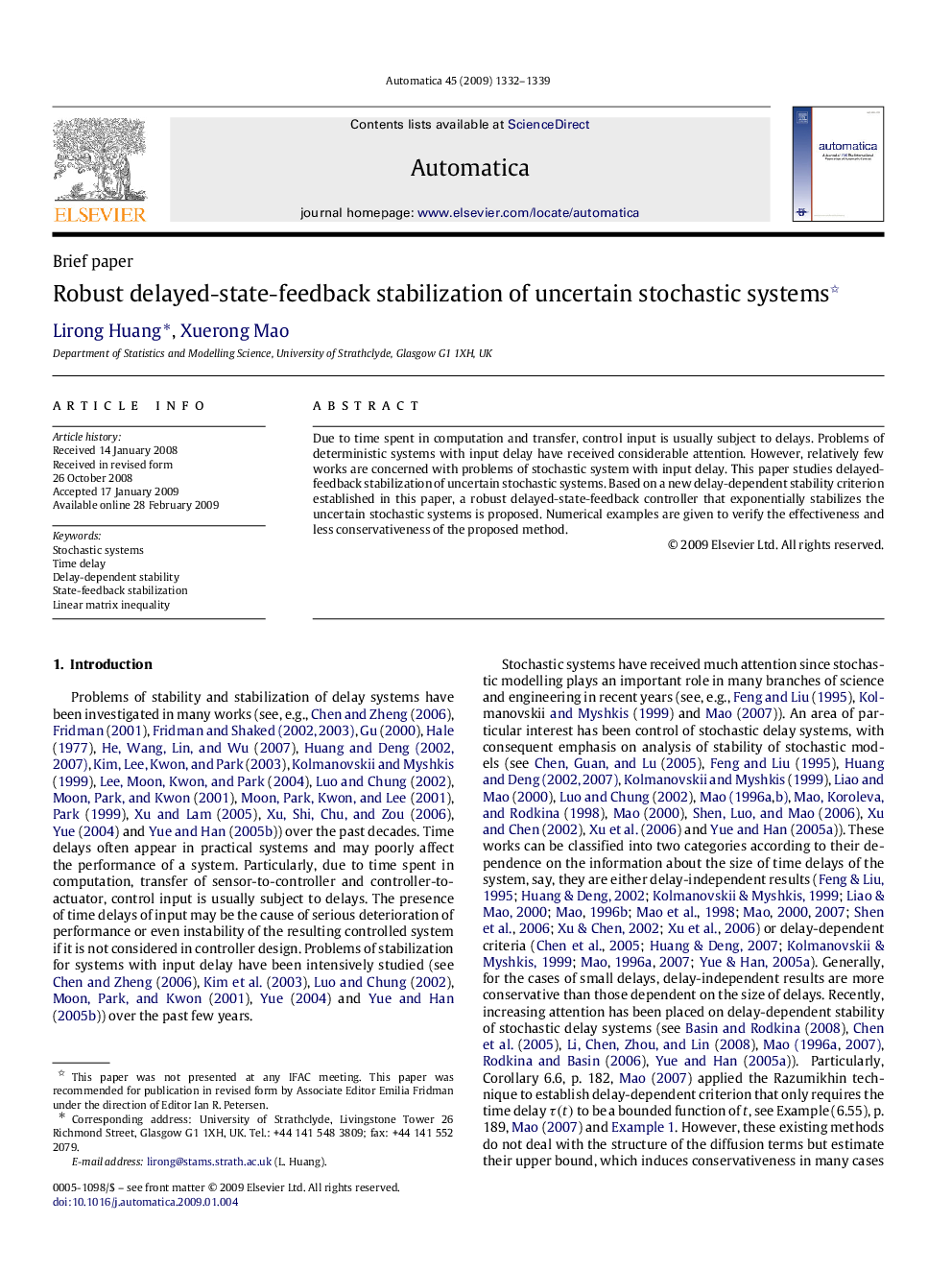 Robust delayed-state-feedback stabilization of uncertain stochastic systems 