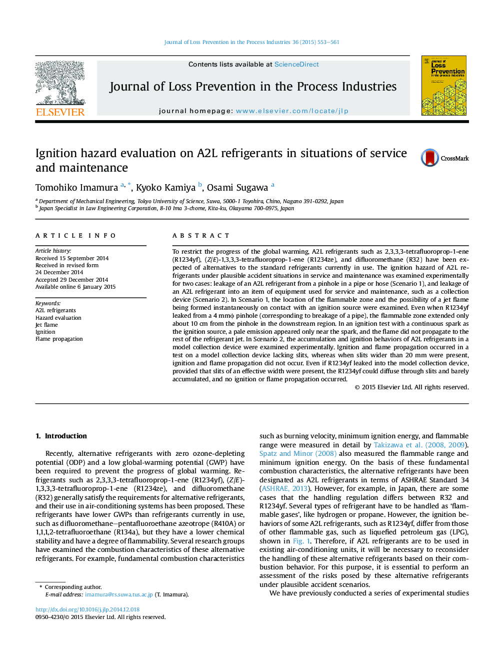 Ignition hazard evaluation on A2L refrigerants in situations of service and maintenance