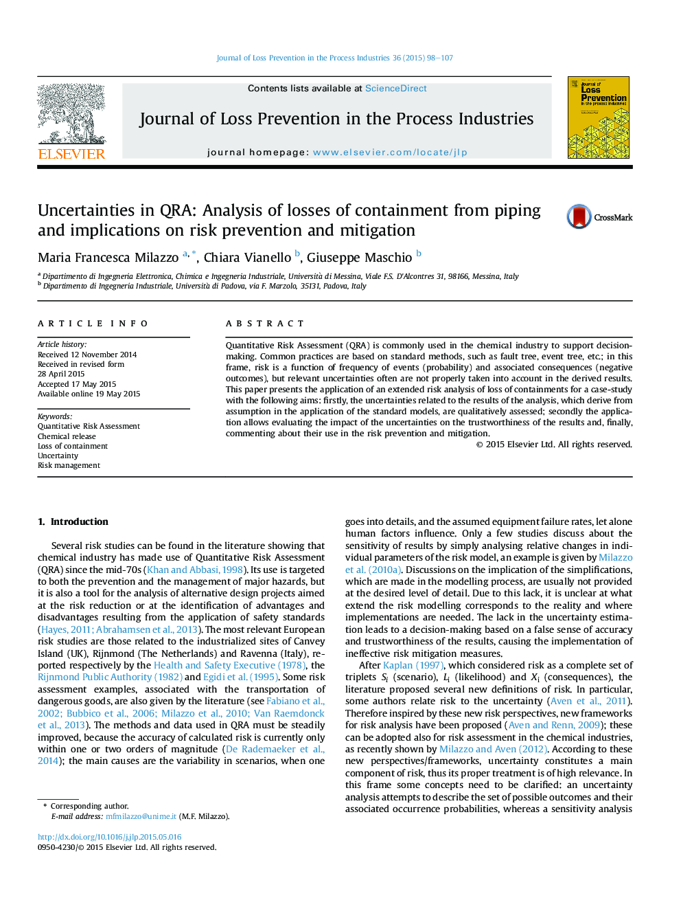 Uncertainties in QRA: Analysis of losses of containment from piping and implications on risk prevention and mitigation